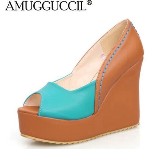2020 New Plus Big Size 32-43 Red Apricot Blue Yellow Fashion High Heel Platform Girls Female Wedge Shoes Lady Women Pumps D1282