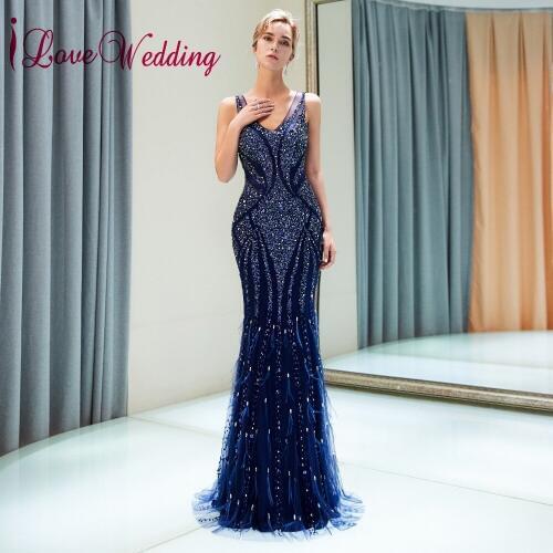 ILoveWedding Vestido de festa longo V Neck Heavy Major Beaded Navy Blue Tulle Mermaid Sexy Back Long Fishtail Evening Dresses