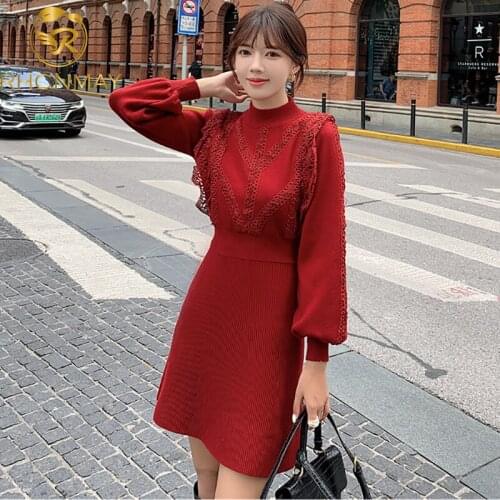 2020 Autumn and Winter New Sweater Half high collar Splicing Lace Elegant Temperament Long sleeve Dress
