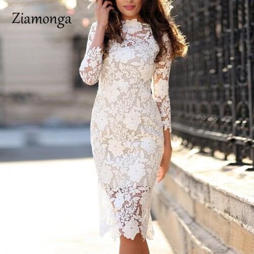 Ziamonga 2020 Autumn New Korean Ladies Embroidery Lace Round Neck Waist Slimming Long Sleeve Lace Dress Knee Length Vestidos