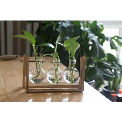1PC Glass Vase Tabletop Hydroponics Plant Bonsai Flower Pot with Wooden Tray Ornament Home Office Wedding Decor Vase JL 230