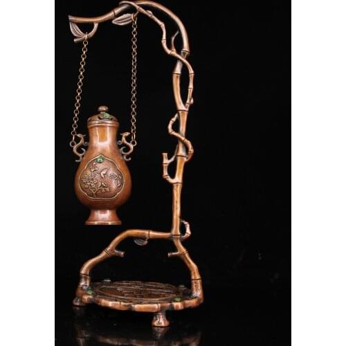 14"Chinese temple collection Old Bronze mosaic Gem Bottle incense burner Hanging furnace tripod Incense Ornaments Town House