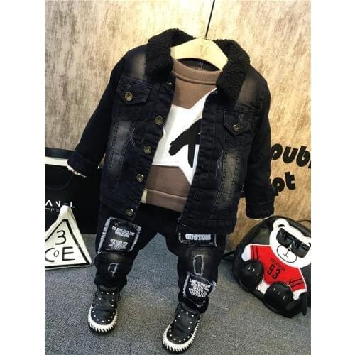 New Children Kids Boys Clothing Sets Autumn Winter Baby Boys Fur collar denim jacket + sweater + jeans 3Pcs boys Clothes set