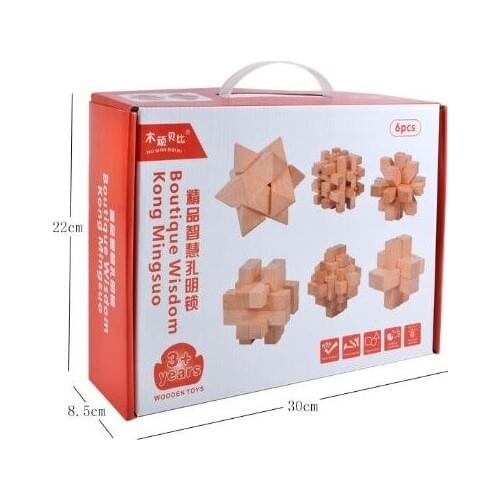 6 Childrens puzzle Luban lock ring unlock wooden hole Ming lock classical disassembly traditional intelligence toy set