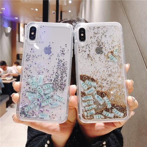 US Dollar Shape Inside Glitter Dynamic Liquid Clear Case Cover For iPhone X XS 8 Plus 7 XR 6S 6 Phone Coque sFor iPhone 7 Plus 8