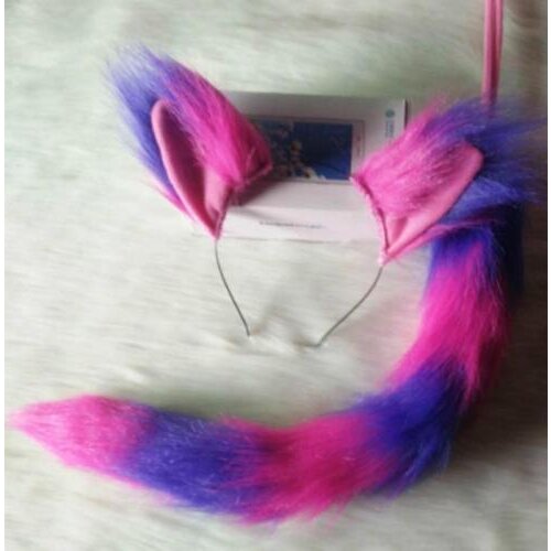 The Cheshire Cat Ears Plush Tail Pink & Purple Cat Fancy Dress Halloween Cosplay Costume Props