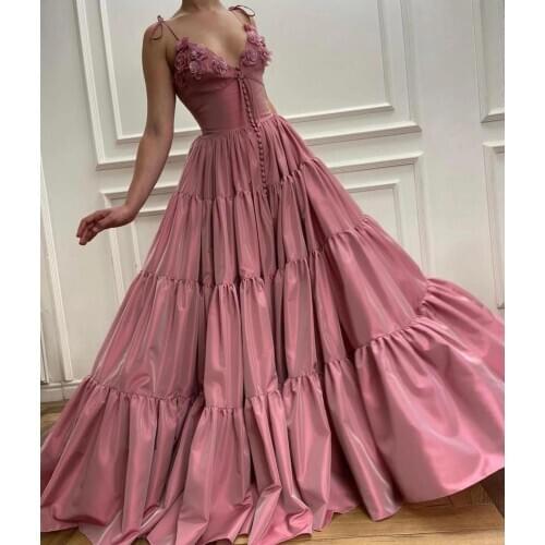 Long Satin Flowers 2021 Evening Dresses Spaghetti Straps V Neck Formal Evening Party Dress Robe De Soiree