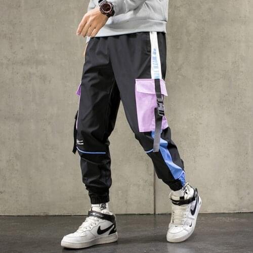 Streetwear Men Black Joggers Pants Summer 2021 Mens Big Pockets Ribbons Hiphop Cargo Pants Male Overalls Sweatpants