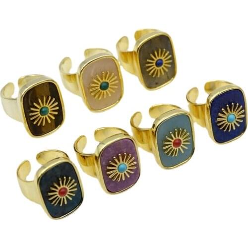 Natural Gems Stone rings Fashion Gold-plated Crystal with Flower Metal charm Stone Beads Paved rings for women