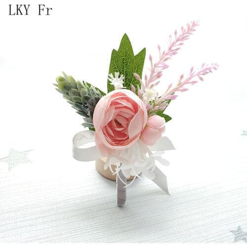 LKY Fr Boutonniere Wedding Buttonhole Silk Roses Pink Corsage Bracelet Bridesmaid Groom Boutonniere Flowers Marriage Accessories