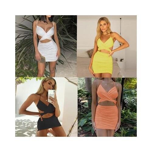 Summer NEW womens European and American sexy slim halter neck lace-up hip dress