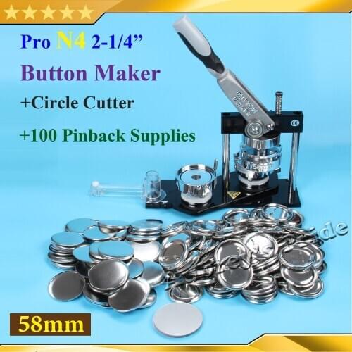 NEW Pro N4 2-1/4":58mm Badge Button Maker Machine + Adjustable Circle Cutter+100 Set Metal Pinback Supply