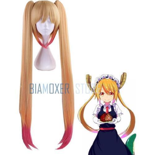 100cm Kobayashi-san Chi No Maid Dragon Tohru Wigs Cosplay Peluca Yellow Gradient Pink Long Hair Double Ponytail