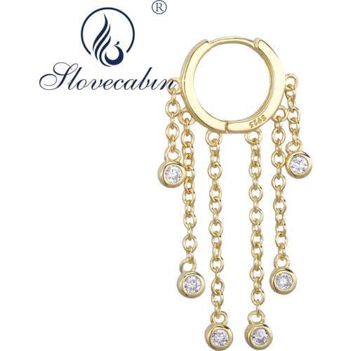 Slovecabin Authentic 925 Sterling Silver Huggies Hoop Earrings With Clear CZ Chain Tassel Women Earrings Luxur Femme Women Gift