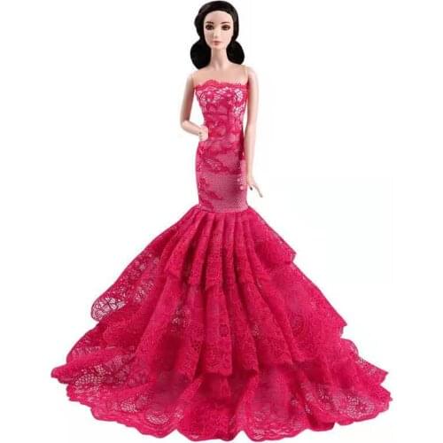 Rosy Off-Shoulder Evening Party Gown for Barbie Doll Lace Mermaid Dresses for Barbie Kids DIY Dollhouse Toys Best Gifts 1/6 BJD
