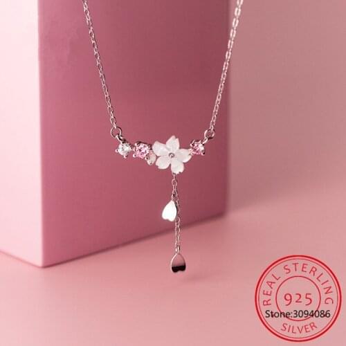 925 Sterling Silver Cherry Flower Shell Long Tassel Necklace for Women Sweet Heart Pendant Clavicle Chain Necklace S-N703