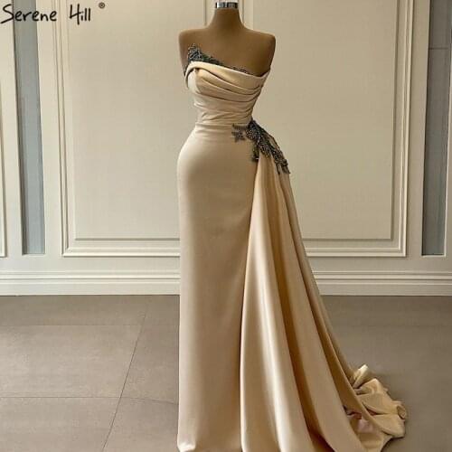 Serene Hill Satin Champagne Straight Evening Dresses 2021 Sleeveless Beading Sexy Formal Dress Design LA70748