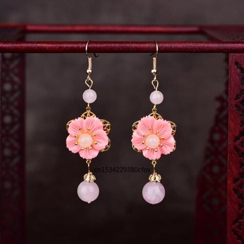 National Style Chalcedony flower Earrings Charm Jewelry 925 Silver Accessories DIY Natural pink jade Amulet Gifts Her Women