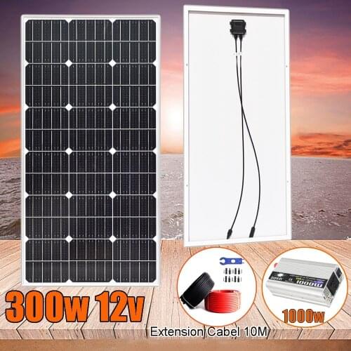 Solar panel 12v 300w kit Glass Temper Monocrystalline battery charger home PV system extension cable for car boat camping 1000w