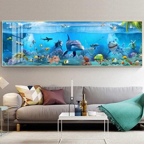 Modern Blue Posters and Prints Deep Sea Marine Fish Animals Canvas Painting Wall Art for Kidsroom Aquarium Decoration Painting