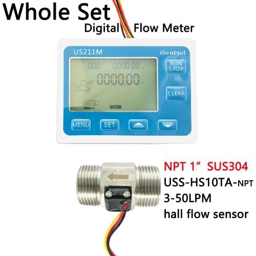 US211M Digital Water Flow Meter & SUS304 Stainless Steel NPT 1" USS-HS10TA 3-50L/min Hall Water Flow Sensor Reader Dijiang iSent