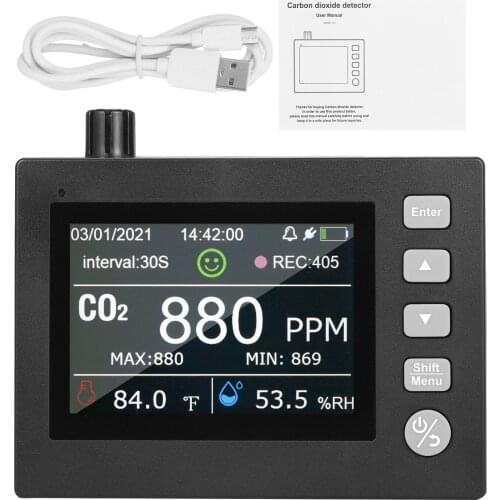 USB Rechargeable Carbon Dioxide Detector 4Inch TFT Colour Screen Air Quality Monitor CO2 Meter with Ambient Temperature Humidity