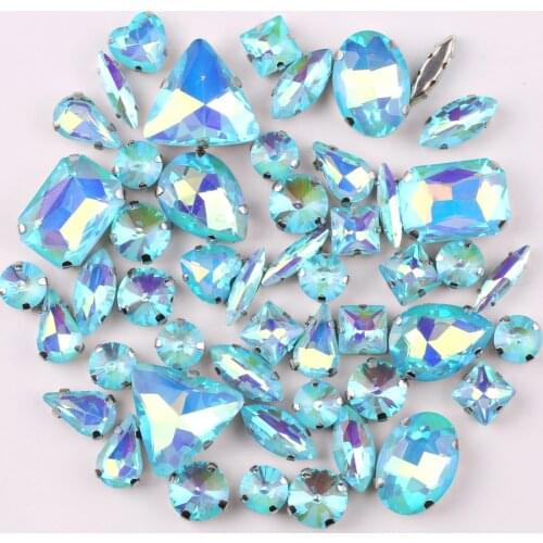 Silver claw setting jelly candy Aquamarine AB 50pcs/bag shapes mix glass crystal sew on rhinestone wedding dress shoes bag diy