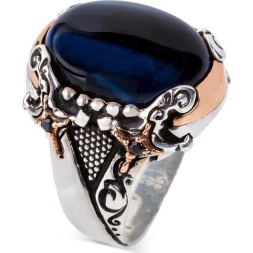 925 Sterling Silver Sword Model Blue Tigereye Stone Mens Ring Exclusive Ring For Men with Tigereye Gemstone