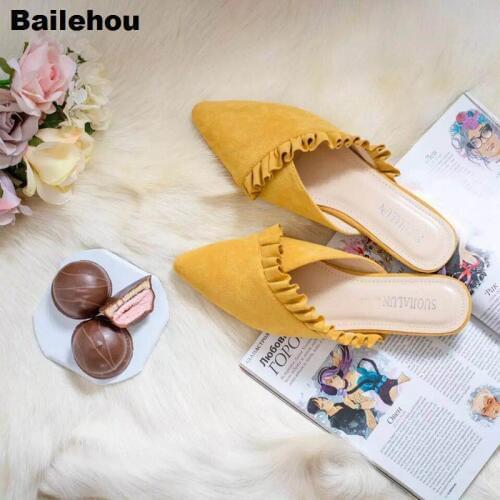 Bailehou Women Slippers Flat Women Shoes Slip On Flat Mules Falbala Pleated Ladies Shoes Fabric Platform Loafer Size 35 To 41