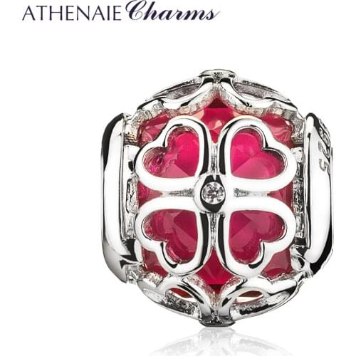 ATHENAIE 925 Sterling Silver Cerise Charm CZ Encased in Lucky Clover Charms Beads Valentines Day Gift For Women DIY Jewelry