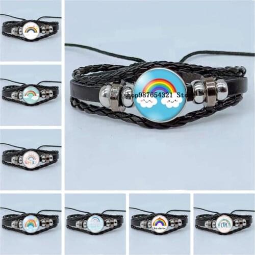 The new smile colorful rainbow bracelet glass cabochon bracelet multi-layer braided wrapped bracelet jewelry gift for her