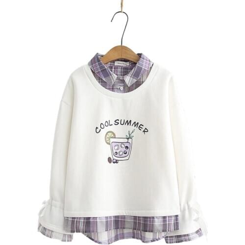 Womens Harajuku O-neck Plus Velvet Sweatshirts 2020 Autumn Girl Loose Print Fake 2 Piece Pullover Long Sleeve Tracksuit 2010618