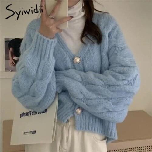 Syiwidii Cardigan Woman Criss-Cross Sweaters Autumn Winter 2021 New O Neck Button Up Jackets Loose Short Knitted Coats Pink Blue