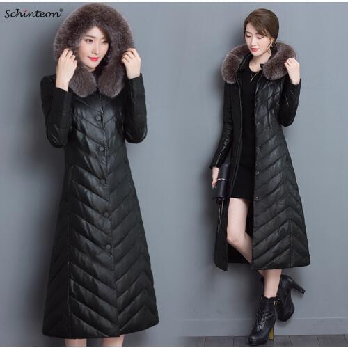 Schinteon Women PU Leather Fur Long Coat with Fur Trim Hooded Outwear Coat Faux Sheep Leather Imitation Fox Fur Sllim