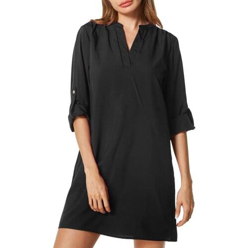 Solid Mini Short Dress Casual Loose Women 2019 Spring Autumn Sexy V-Neck Long Sleeve Party PulloverButton Elegant Shirt Dresses