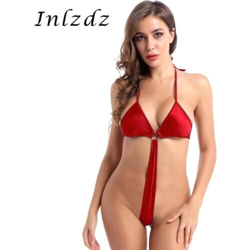 Womens Bikini Lingerie Bodysuit Halter Neck Bra G-string Briefs Lace-up Erotic Sex CostumeNightwear for Valentine Day Honeymoon