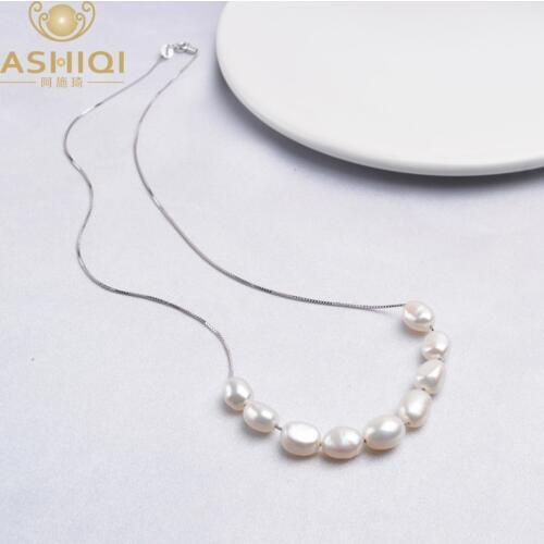 ASHIQI Real 925 Sterling Silver Necklace Chain 6-7mm Natural Baroque Pearl Pendant Jewelry For Women Gift