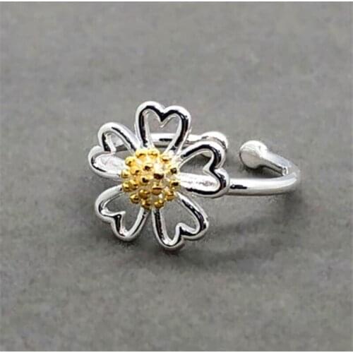 New Promotion Ethnic Plant Hollow Flower Golden Cute Daisy Opening Adjustable Ring 925 Sterling Silver Jewelry For Women Female