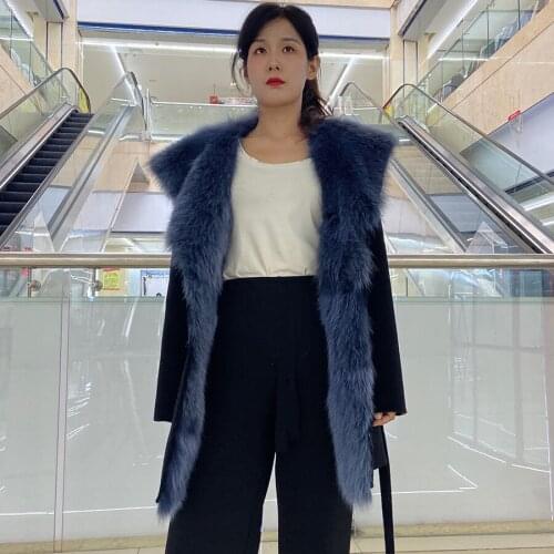 Real Fur Coat 100% Natural Fox Fur Liner Women Fashion Casual Woolen Outwear Adjustable Waist Free Shipping