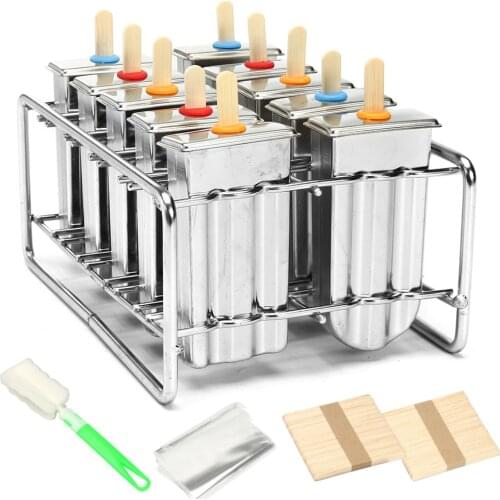 10PCS Stainless Steel Popsicle Mold Rack Ice Lolly Mold Frozen Lolly Popsicle Maker Homemade Ice Cream Mold with Popsicle Holder