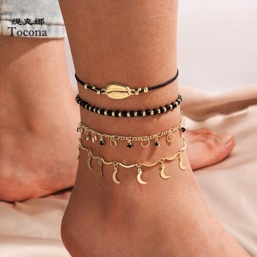 Tocona 4pcs/sets Bohemian Moon Tassel Ankets for Women Summer Shell Black Beaded Clear Crystal Stone Foot Chain Jewelry 18033
