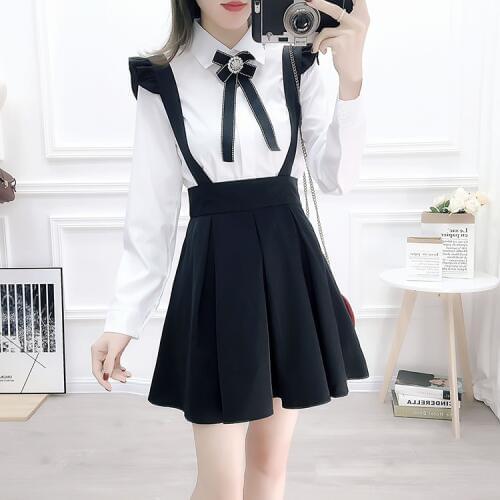 Preppy Style Suspender Skirt Two piece set Women 2019 Autumn New White Shirt and Strap Skirt Student Outfits Free Diamond Bow