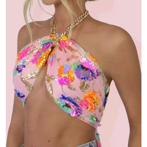 Yeinchy summer crop top with necklace chain colorful sequin tie up
