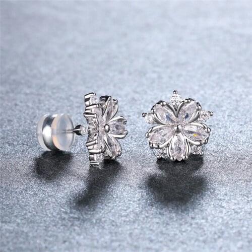 Cute Flower White Zircon Stone Earrings Female Luxury Crystal Earrings For Women Wedding Jewelry Dainty Bride Small Stud Earring