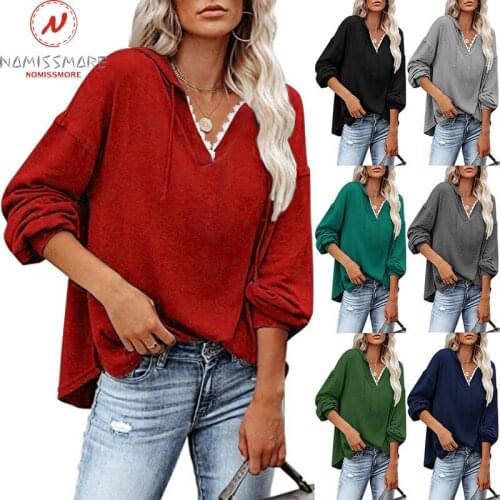 Fashion Women Solid Color Hoodies Hooded Design Lace Decor V-Neck Long Sleeve Spring Autumn Casual Loose Pullovers Top