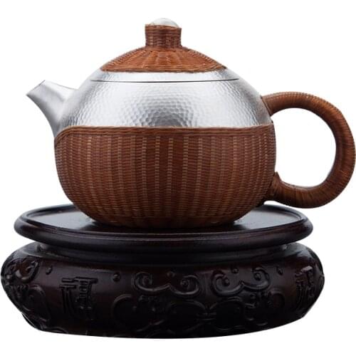 New Pure Silver Teapot Bamboo Knitted Insulation 999 Silver Teapot Tea Ceremony Large Capacity Home Pure Silver Tea Set