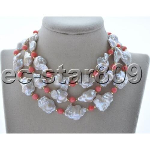 Z10756 18"-50" 18mm White Plum-blossom Baroque Pearl Pink Coral Necklace