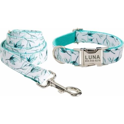 Personalized Leaf Pet Collar Custom Puppy Nameplate ID Tag Adjustable Buckle Green Leaf Natural Style Basic Collars Leash Set
