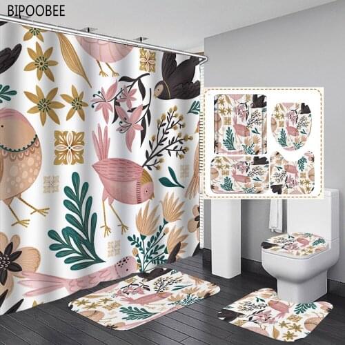 Pink Bird Flowers Pattern Fabric Shower Curtain Cartoons Bath Mat Anti-skid Rug Toilet Cover Carpet Bathroom Curtains with Hooks