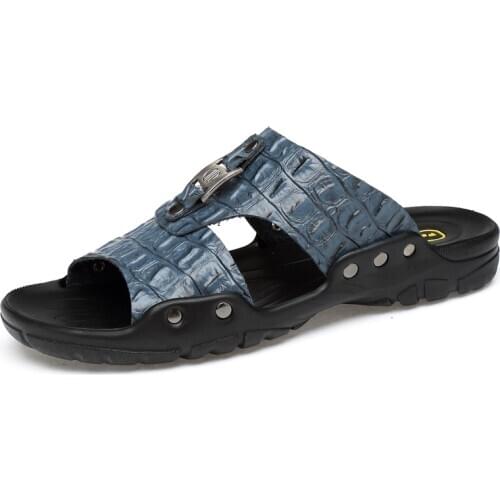 2021 Fashion Crocodile Pattern Comfortable Mens Leather Sandals Large Size Summer Soft Breathable Rubber Non-slip Beach Slippers